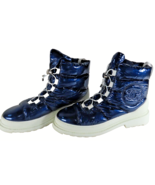 CHANEL Blue Metallic Puffer Quilted Snow Shearling Short Boots SZ 40 US 8.5 - £453.59 GBP