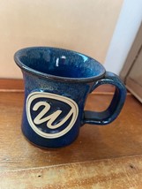 Sunset Hill Stoneware Marked Blue Drip Glaze w W Medallion Pottery Coffee Cup Mu - £11.90 GBP