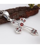 925 Sterling Silver Garnet Gemstone Cross Handmade Necklace Christmas Gift - $44.69 CAD