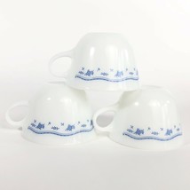 Vintage Pyrex Milk Glass Mugs Morning Blue Pattern Set of 3 - $14.59