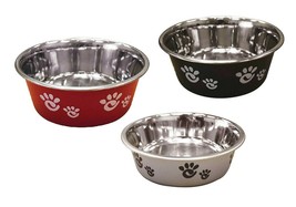 Pawprint Dog Bowls Stainless Steel Pet Dishes Choose Red Black or Silver &amp; Size  - £7.65 GBP+