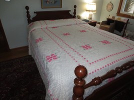 Pair Vtg. PINK/GREEN Floral White Cotton Chenille Fringed BEDSPREADS--82&quot; X 114&quot; - £47.96 GBP