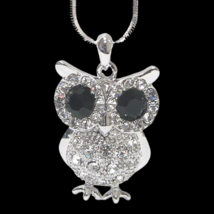 Owl Big Eye Crystal Pendant Necklace White Gold - £10.58 GBP