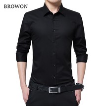 BROWON Men Fashion Blouse Shirt Long Sleeve Business Social Shirt Solid Color Tu - £46.56 GBP