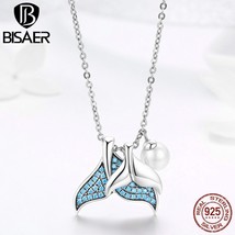 BISAER Sterling Silver 925 Blue CZ Fish Tail Mystery Mermaid Pearl Pendant Neckl - £21.84 GBP