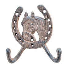 Horse Head Horseshoe Western Double Wall Hook Rust Brown Cast Iron 5&quot; Ta... - $9.74