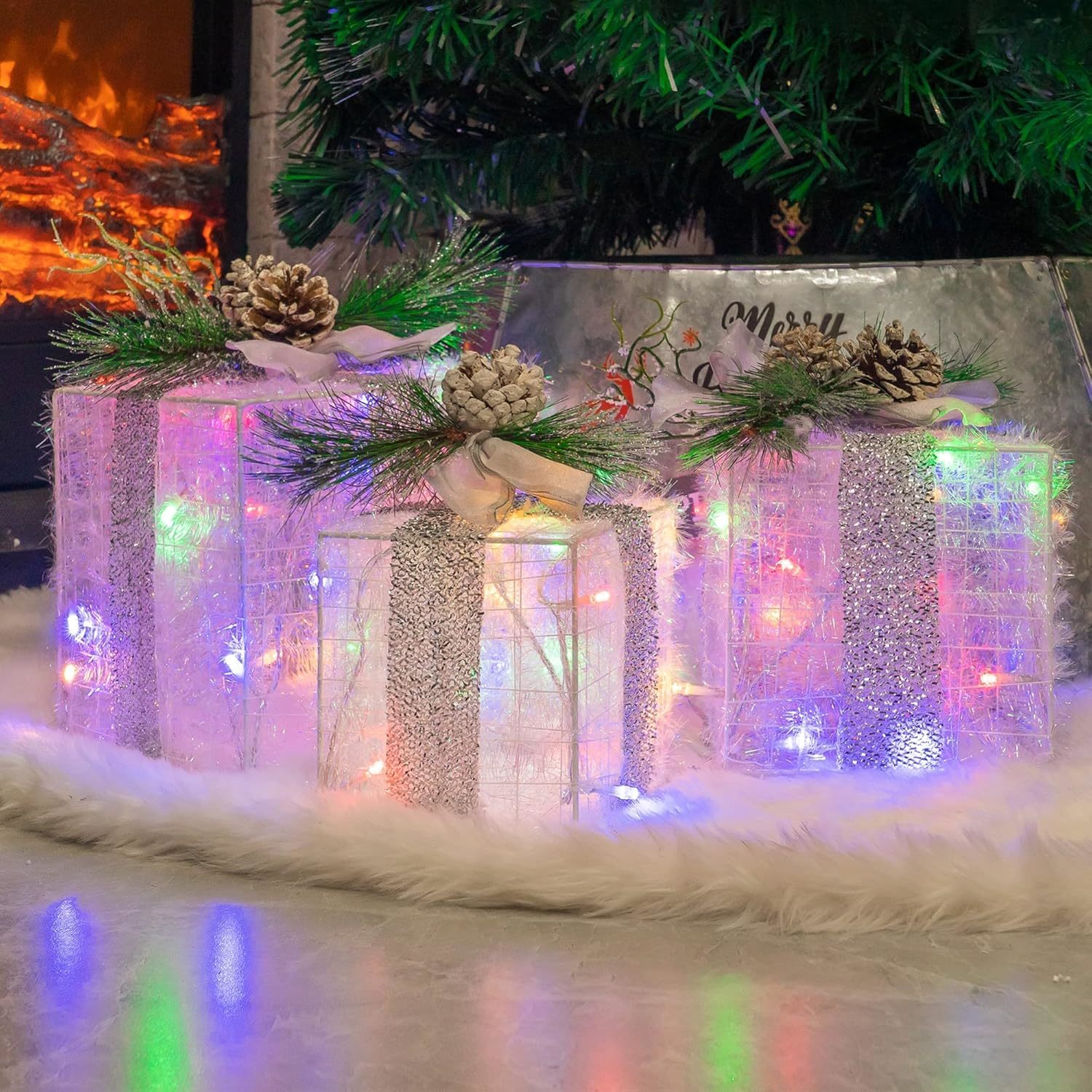Set Of 3 Christmas Lighted Gift Boxes, Plug In 60 Led Light Up Tinsel Present Bo