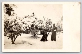 RPPC Ladies Snowball Fight Americana Winter Scene Real Photo Postcard Q29 - £7.44 GBP