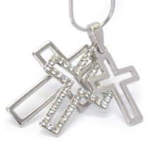 Crystal Triple Cross Pendant Necklace White Gold - £11.11 GBP