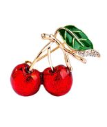 CUTE CHERRIES PIN 1.4&quot; Gold Red Green Enamel Cherry Brooch Rhinestone Fr... - $12.47 CAD