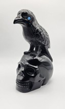 Black Obsidian Large Skull With Raven/Crow, Hand Carved,  Halloween Decor - £97.13 GBP