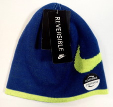 Nike Swoosh Reversible Blue &amp; Volt Knit Beanie Skull Cap Youth Boy&#39;s 8-2... - £16.01 GBP