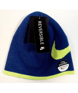 Nike Swoosh Reversible Blue &amp; Volt Knit Beanie Skull Cap Youth Boy&#39;s 8-2... - £15.98 GBP