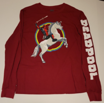 Deadpool on a Unicorn Rainbow Red Long Sleeve Shirt Size L Marvel - £12.50 GBP