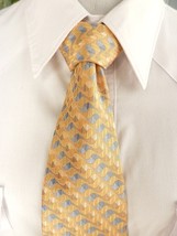 Privado Men&#39;s Tie Shades of Gold &amp; Blue Geometric Stripe 100% Silk 57.5&quot;... - £9.76 GBP