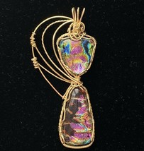 Wrapped Dichroic Glass Cabochons Pendant Purple Blue Green Gold Filled Wire 3” - £62.12 GBP