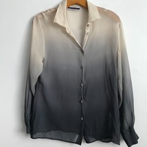 Amanda Smith Silk Shirt 8 Gray Cream Ombre Button Up Sheer Collared Long Sleeve - £16.61 GBP