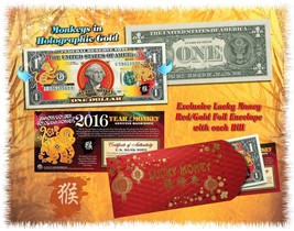 2016 Gold Hologram Chinese New Year Lucky Money Year Of The Monkey U.S. $1 Bill - $9.46