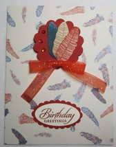 Stampin up! Handmade Card Cream Orange Birthday Greetings Feathers w/envelope - £4.89 GBP