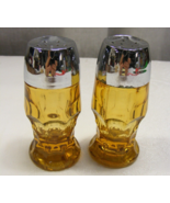 Vintage Yellow Glass 4&quot; Salt &amp; Pepper Shaker Metal Lid Set 13-D - $19.79
