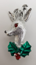 Christmas Reindeer Brooch Pin Silver Tone Green Multi-Color Rhinestone Eye 2&quot; - £15.25 GBP