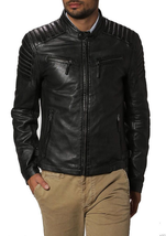 Men&#39;s Genuine Lambskin Leather Jacket Black Slim fit Motorcycle jacket - MJ085 - £93.92 GBP