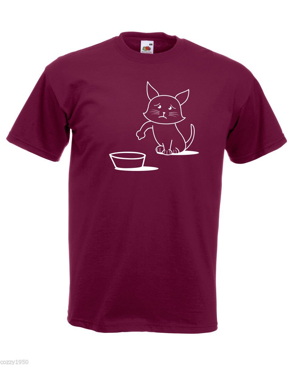 Mens T-Shirt Cute Hungry Cat Design, Sad Kitty Shirts, Asking to Eat Shirt - $24.74