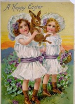 Easter Postcard Victorian Girls Hold Bunny Violets Flowers Basket Tucks 700 - £4.73 GBP