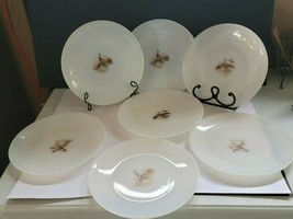 7 Fireking Milk Glass 9&quot; Plates With Game Bird Pattern - £18.46 GBP