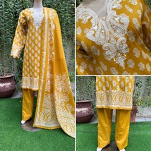 Pakistani Mustard Printed Straight Shirt 3-PCS Lawn Suit w/ Threadwork ,L - €53,58 EUR