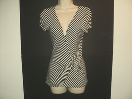 Cache Top Size X Small Deep V Neckline Black &amp; White Striped Cap Sleeves, Buckle - £15.78 GBP