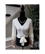 Women&#39;s SHEIN White Tie Front Top M Floral Bell Sleeve V Neck Blouse Shirt - $33.70 CAD