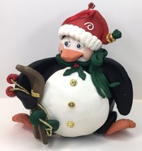 Bulbous Christmas Tree Ornament Fat Penguin Holding Skis Wearing Santa Hat 5&quot; - £11.96 GBP