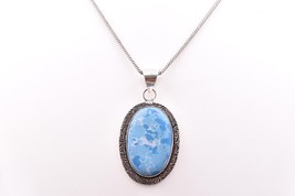 Handcrafted Rhodium Polished  Tuquoise Oval Shape Female Pendant Necklace Gift - £13.81 GBP+