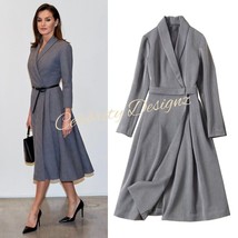 Queen Letizia Inspired Grey Shawl Collared Wrap Fit-and-Flare Dress OZ S... - £115.95 GBP