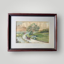 Watercolor Painting Folk Art Idyllic Country Scene Horse &amp; Buggy - £139.33 GBP