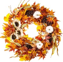 WANNA-CUL 24 Inch Farmhouse Fall Wreath Decor for Front Door with White Pumpkin, - £33.67 GBP