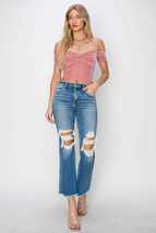 RISEN Medium Blue Mid Rise Distressed Cropped Flare Jeans - £43.83 GBP