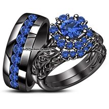 Blue Sapphire Round His and Hers 14K Black Gold FN Wedding Band Trio 3 Ring Sets - £129.05 GBP