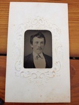 Antique 1800s Tintype Photograph Mans Portrait Mustache Blush Cheeks Bow Tie - £47.89 GBP