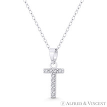 Initial Letter T Cubic Zirconia CZ Crystal Pendant .925 Sterling Silver Necklace - £18.95 GBP