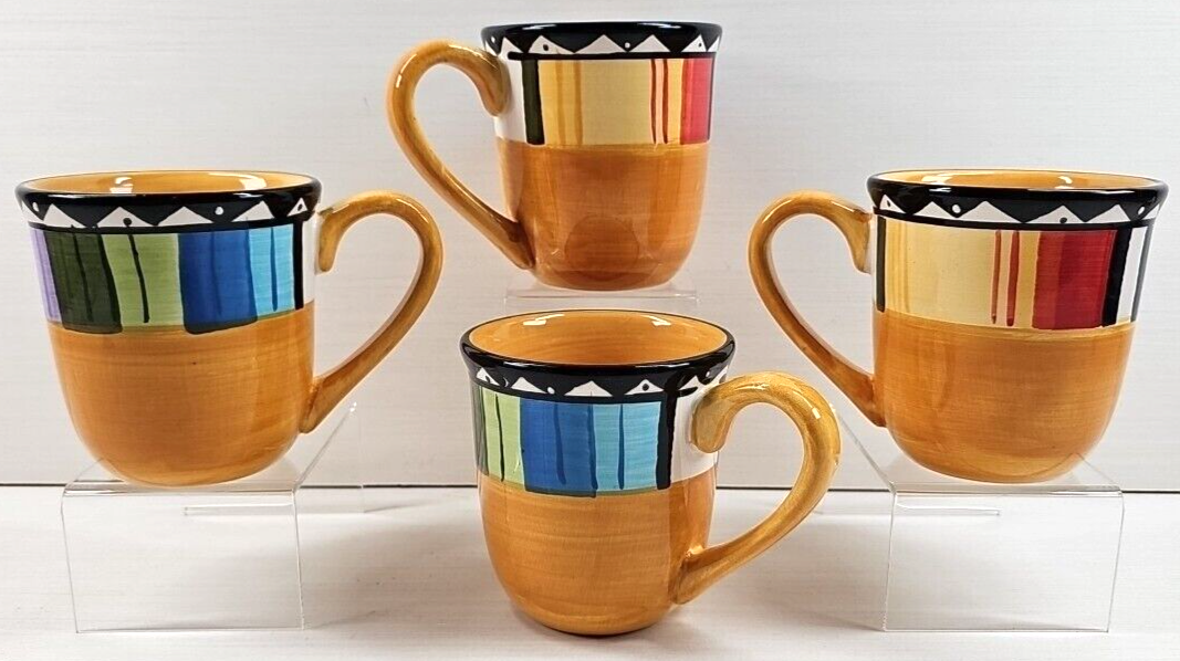 4 Gibson Designs Fandango Mugs Set Yellow Black Everyday Drinking Coffee Cup Lot - $39.47