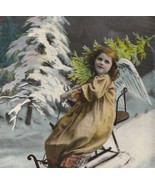 Sweet Angel Sliding Downhill W/Christmas Tree Antique Christmas Postcard - $10.00