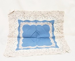 Vintage Handkerchief Flowers Blue White Brown 11&quot;  Solid Color Center Le... - £11.64 GBP