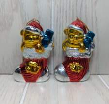 Gold Teddy Bears in Christmas stockings wearing Santa hats Tree Ornaments - $13.50