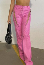 Lace Up Winter Pink Barbie Lambskin Leather Casual Stylish Women Formal Pant - £108.82 GBP+