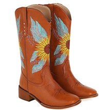 Vintage Cowboy Western Winter Boots For Women Sun Flower Embroidery Sewing Flora - £73.49 GBP