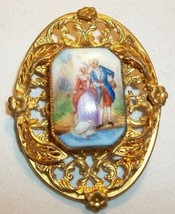 Beautiful Gold Filigree Layered Oval Brooch Painted Porcelain Courtship ... - $14.84
