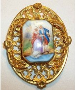 Beautiful Gold Filigree Layered Oval Brooch Painted Porcelain Courtship ... - £11.67 GBP