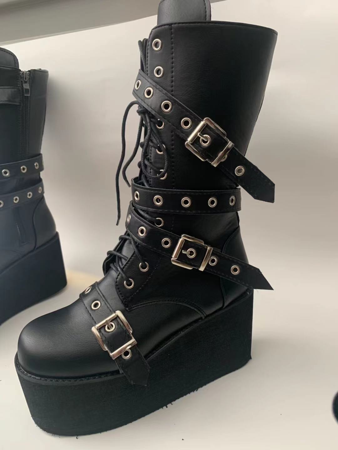 Primary image for Black Gothic Motorcycle Boots Zip High Heel Punk Chunky Platform Mid-Calf Women 